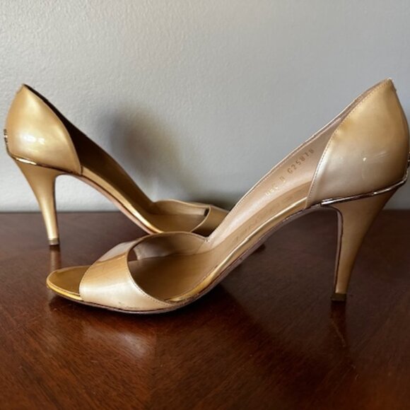 Chanel CC Logo Pearly Gold Patent Leather Cut Out Open Toe Pumps US 9 EU 40 - Picture 4 of 9
